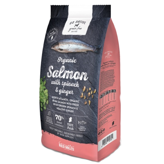 a bag of go native organic salmon dog food with spinach and ginger