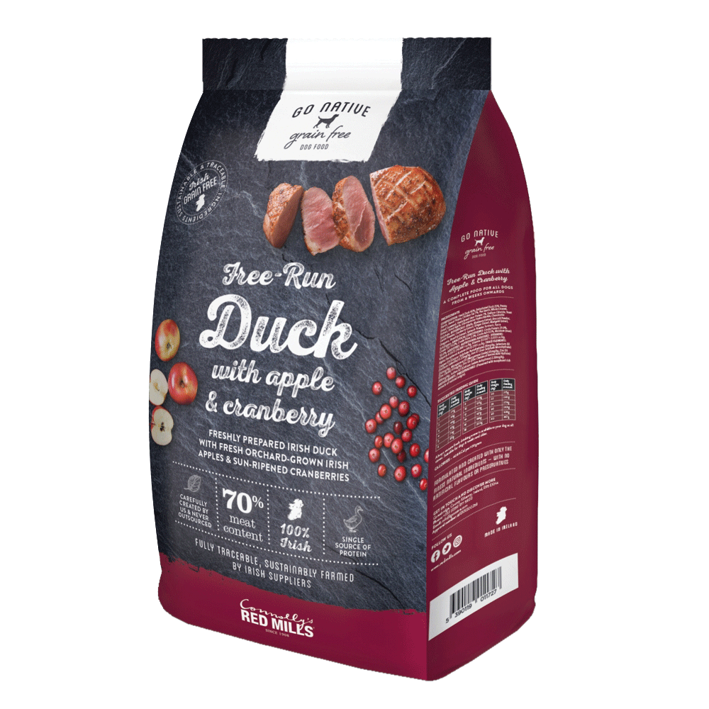 a bag of go native high meat content dog food with duck and hand-picked apples and cranberries