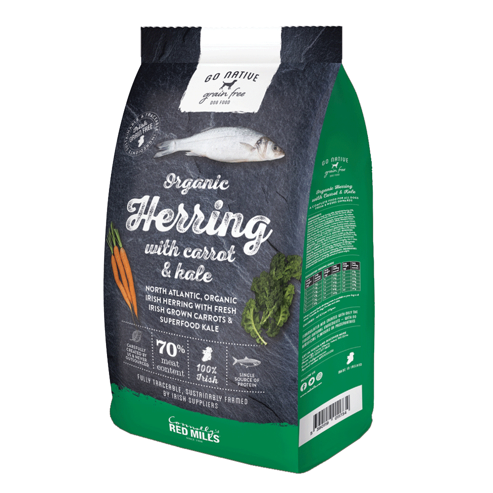 a bag of go native organic fish dog food with herring and carrot and kale